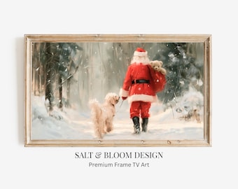 サンタとゴールデンドゥードルの額入りテレビアート、印象派風クリスマス絵画、ラブラドゥードルのクリスマステレビアート、冬のホリデーアート、犬好きのためのアート