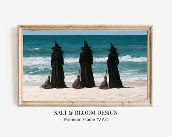 Pintura al óleo de bruja, marco de Halloween costero, arte de TV, arte de bruja vintage, arte de TV espeluznante, arte cottagecore oscuro, marco de TV de otoño, casa de playa oceánica