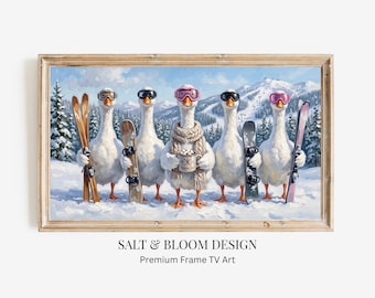Arte de TV con marco de ganso esquiador caprichoso, pintura de invierno divertida para después de esquiar para descargar en TV, arte de TV con marco de esquí, marco de TV para vacaciones, arte de TV con marco de invierno