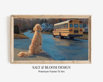 Cuadro decorativo Goldendoodle para la vuelta al cole en la televisión, pintura Golden Doodle para la vuelta al cole en la televisión Samsung, obras de arte para amantes de los perros, arte otoñal para la televisión