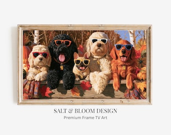 Fall Goldendoodle Frame TV Art, Autumn Dog Frame TV Art, Labradoodle, Doodles & French Bulldog on a Fall Porch, Funny Doodle Painting TV Art