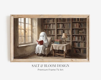 Whimsical Ghost Reading Frame TV Art, Cozy Halloween Library Oil Painting for Use with Samsung TV, Cute Ghost Fall Book Nook Tv Art