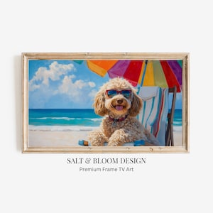 Arte para TV com moldura estilo doodle, pintura de um Labradoodle, Cavapoo ou Goldendoodle no verão, retrato fofo de cachorro em uma casa de praia com vista para o oceano, perfeita para a TV Samsung Frame.
