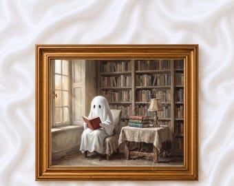 Ghost Reading Books Wall Art, Cute Ghost Library Painting, Cottagecore Halloween Art, Dark Academia Bookish Décor, Funny Ghost Print