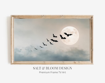 Cuadro de TV con murciélagos de Halloween, bandada de murciélagos y luna llena, pintura nocturna tenebrosa neutra, estilo gótico cottagecore, estilo dark academia, cuadro de TV con murciélagos