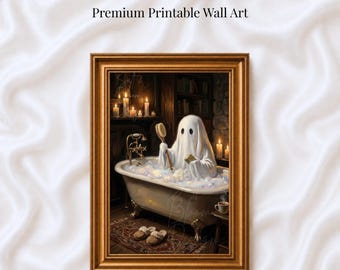 Cute Ghost Bubble Bath Digital Wall Art, Ghost in Bathtub Painting, Whimsical Halloween Bathroom Art Cottagecore Spooky Art, Funny Bathroom