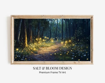 Sommer Rahmen TV Art Wald Glühwürmchen, Glühwürmchen verzauberte Waldlandschaft TV Bildschirmschoner, launische Sommernacht Szene für Samsung Rahmen TV Art
