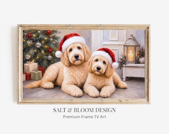 Goldendoodle Christmas Frame TV Art, Labradoodle by Christmas Tree, Cozy Holiday Dog Painting, Holiday Frame TV Art, Santa Hat Dog Portrait