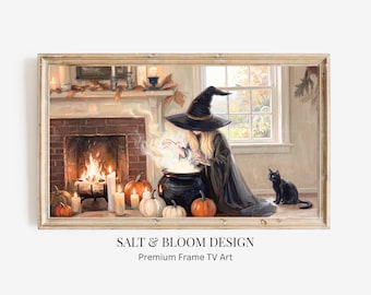 Witch & Black Cat Frame TV Art, Moody Halloween Witch Painting, Gothic Cottagecore, Dark Academia Witchy Décor, Witchy Wall Art for Tv