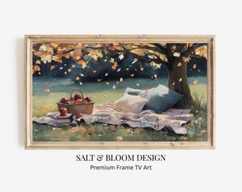 Arte para TV con marco de otoño, arte para TV con marco de picnic acogedor de otoño, pintura de paisaje de árboles de otoño, TV estilo cottagecore de verano, ambiente otoñal para arte de TV con marco Samsung