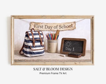 Primer día de clases - Marco para TV - Arte, Pintura de regreso a clases para TV, Pizarra y mochila, TV colorida para el aula, Descarga de TV para educación en el hogar