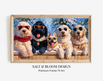 Cuadro navideño con diseño de perro Doodle, retrato de perro, Goldendoodle, Labradoodle, Cavapoo, Aussiedoodle y Bulldog Francés, pintura de invierno para televisión.