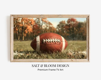 フットボールの秋の額縁テレビアート、フィールド上のフットボールの絵画と秋の木々、居心地の良いゲームデーのアートワーク、素朴な感謝祭のテレビアート、素朴な秋のデコレーション