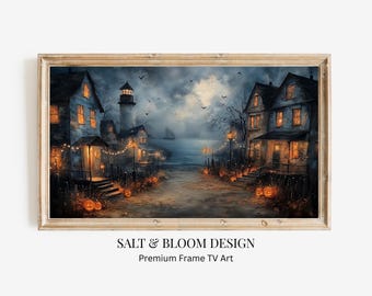 Cuadro decorativo de Halloween para TV, cuadro decorativo de pueblo costero embrujado para TV, pueblo oceánico espeluznante de Halloween con calabazas, pintura oscura de estilo cottagecore para TV