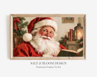 サンタクロースが読書する額縁付きテレビアート、クリスマスツリーのそばのサンタクロースの絵のテレビアート、ヴィンテージクリスマスホリデーデコレーション、冬のホリデー額縁付きテレビアート