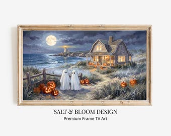 Halloween Ghosts Frame TV Art, East Coast Cottage & Lighthouse Painting for TV, Cute Ghosts Spooky Cottageore TV, Gothic Cottagecore Décor