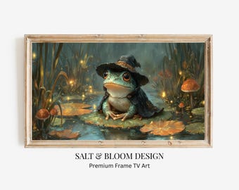 Arte para TV con marco de Halloween, Arte para TV con marco de bruja rana caprichosa, Linda rana en nenúfar con setas, Pintura de Halloween estilo cottagecore oscuro Arte para TV