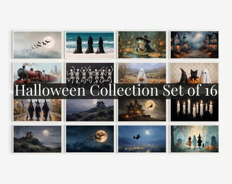 Juego de 16 láminas decorativas para televisión con temática de Halloween: pinturas espeluznantes, fantasmas, brujas, murciélagos, gatos negros y calabazas. Estilo cottagecore oscuro.