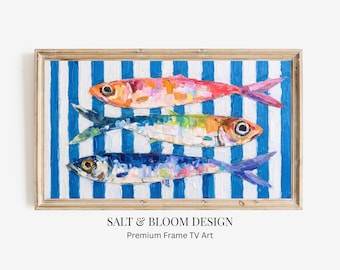 Arte para TV con marco costero, arte para TV con sardinas, decoración náutica para casa de playa de Cape Cod, arte para TV con peces de Nantucket para marco Samsung, descarga de TV colorida