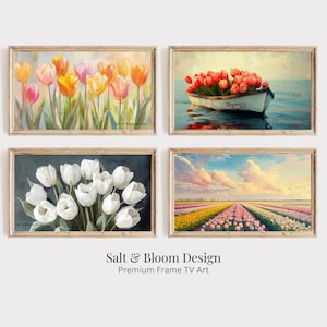 Op de afbeelding: Vier ingelijste kunstdrukken met bloemmotieven. Eén toont kleurrijke tulpen, een andere een boot vol rode tulpen, een derde met witte tulpen en de laatste met rijen kleurrijke bloemen onder een zonsonderganghemel. De tekst "Salt & Bloom Design" staat onderaan.