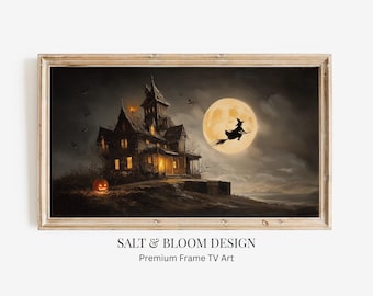 Halloween Witch Frame TV Art, Creepy Haunted House TV Art, Flying Broomstick Moon Painting for Samsung Frame TV, Whimsical Spooky Tv Art