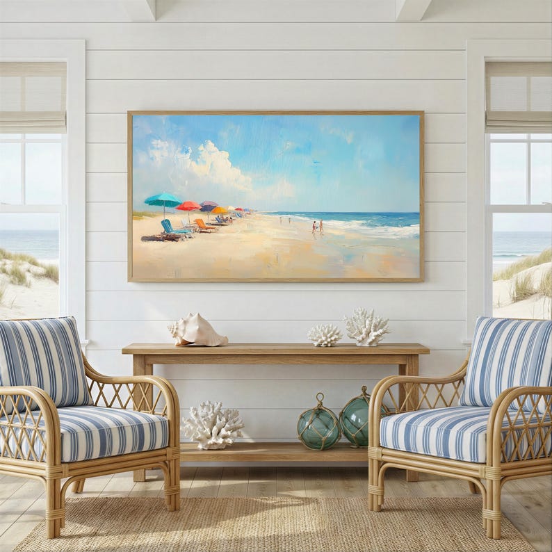 Pastel coastal abstract Frame TV art inspired by Cape Cod and Nantucket interiors featuring muted beach tones, maximalist color layering, and sophisticated beachy wall decor aesthetic for Samsung Frame TV displays and modern coastal homes.