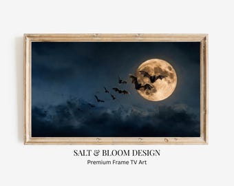 Cuadro de Halloween oscuro con murciélagos volando a través de la luna llena, pintura gótica estilo cottagecore, decoración nocturna tenebrosa y misteriosa, arte de televisión de estilo dark academia.
