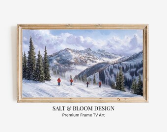 Vintage Ski Frame TV Art, Alpine Winter Mountain Oil Painting for Samsung Frame TV Art, Après Ski Lodge Snow Landscape Frame TV Decoration