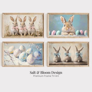 May include: Four framed art prints featuring Easter themes. One print shows three bunnies with pink bows, another a bunny with Easter eggs, a third with decorated eggs, and the last with knitted bunnies with blue bows. The text "Salt & Bloom Design" is at the bottom.