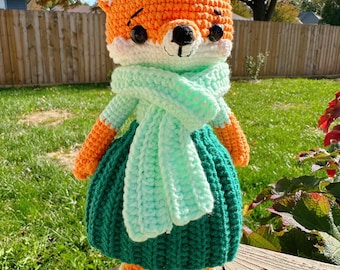 Handmade Amigurumi Fox Doll – Crocheted Plush Toy with Scarf & Dress