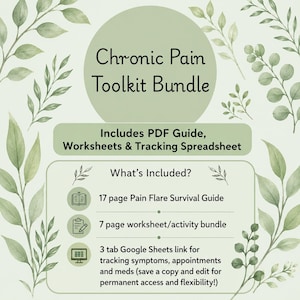 Peut inclure: Un ensemble d'outils pour la douleur chronique sur fond vert clair avec des illustrations de feuilles. Le texte indique un guide de survie de 17 pages, un ensemble de 7 pages d'exercices et un lien Google Sheets à 3 onglets pour le suivi.