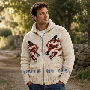 Puede incluir: Un cárdigan de punto grueso color crema con cremallera, cuello tipo chal y dos bolsillos delanteros. El suéter presenta un patrón de intarsia de dos cabezas de zorro en tonos marrón, negro y blanco, con un borde floral azul en el dobladillo.