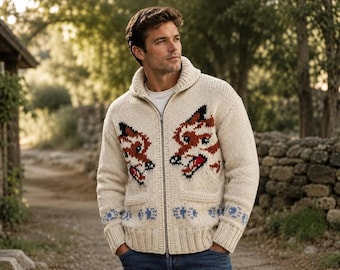 Cardigan mit Wolfsmotiv im Hail Mary-Stil, Wolfspullover im Hail Mary-Stil, Grobstrickpullover mit Reißverschluss, Strickwaren im Vintage-Stil, Unisex-Pullover mit Retro-Wolfsmuster.