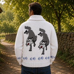 May include: A white knit cardigan with a shawl collar featuring two grey wolf graphics on the back. The wolves are depicted in a jumping pose with red accents on their mouths. A row of light blue paw prints is knitted along the bottom hem.