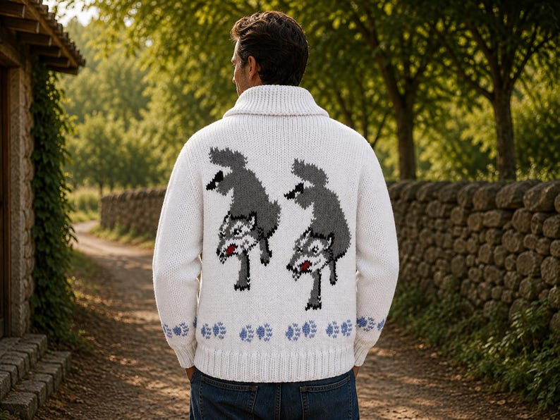 May include: A white knit cardigan with a shawl collar featuring two grey wolf graphics on the back. The wolves are depicted in a jumping pose with red accents on their mouths. A row of light blue paw prints is knitted along the bottom hem.