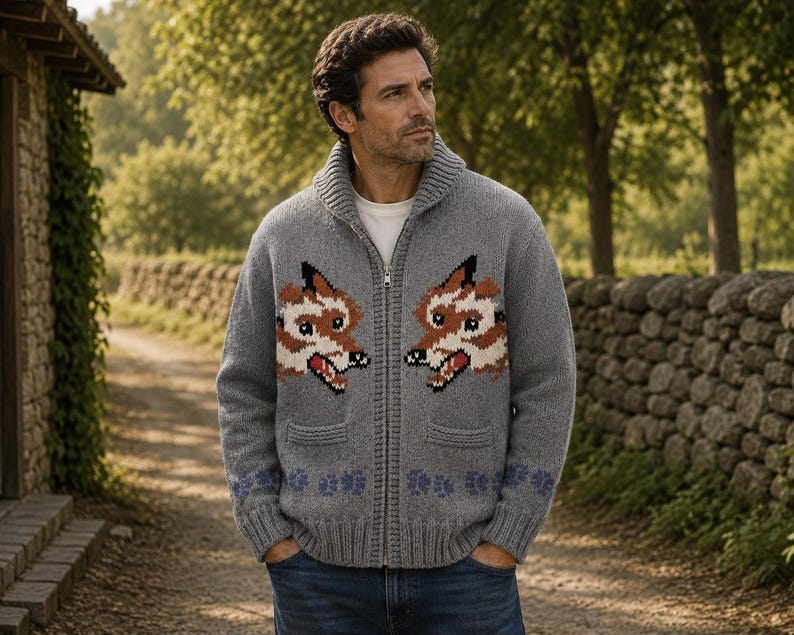 May include: A grey knit zip-up cardigan featuring a shawl collar and two front pockets. The garment displays a repeating fox head graphic on the chest and a row of purple paw print patterns along the bottom hem, worn over a white t-shirt and blue jeans.