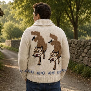 May include: A cream-colored knit cardigan featuring a shawl collar and a ribbed hem. The back displays two brown and tan wolf motifs in a jumping pose, with a row of small blue paw prints along the bottom edge above the ribbed waistband.