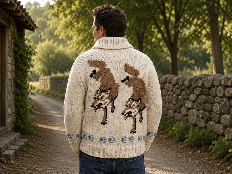 May include: A cream-colored knit cardigan featuring a shawl collar and a ribbed hem. The back displays two brown and tan wolf motifs in a jumping pose, with a row of small blue paw prints along the bottom edge above the ribbed waistband.