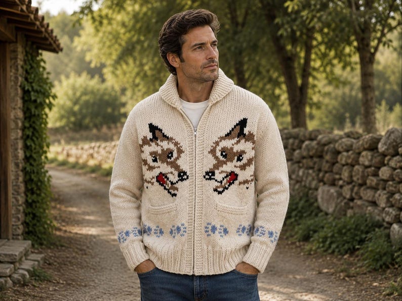 May include: A cream-colored knit zip-up cardigan featuring a shawl collar and two front pockets. The garment displays two symmetrical wolf head designs in brown, black, and red, with a row of light blue paw prints along the bottom hem.