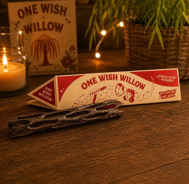 May include: A triangular cardboard box labeled One Wish Willow with red text and illustrations of two faces, featuring the phrases Amaze Your Friends and You only get ONE WISH. A dark, porous, cylindrical wooden stick lies in front of the box.