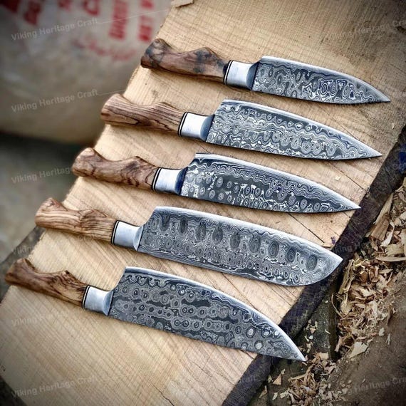 Personalized Damascus Steel Chef Set, Handmade Kitchen Knifw Set for Gift