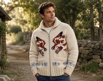 Hail Mary Inspired Wolf Cardigan, Hail Mary Wolf Sweater, Chunky Zip Up Sweater, Vintage Style Knitwear, Retro Wolf pattern Unisex Sweater.