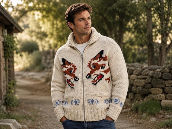 Hail Mary Inspired Wolf Cardigan, Hail Mary Wolf Sweater, Chunky Zip Up Sweater, Vintage Style Knitwear, Retro Wolf pattern Unisex Sweater.