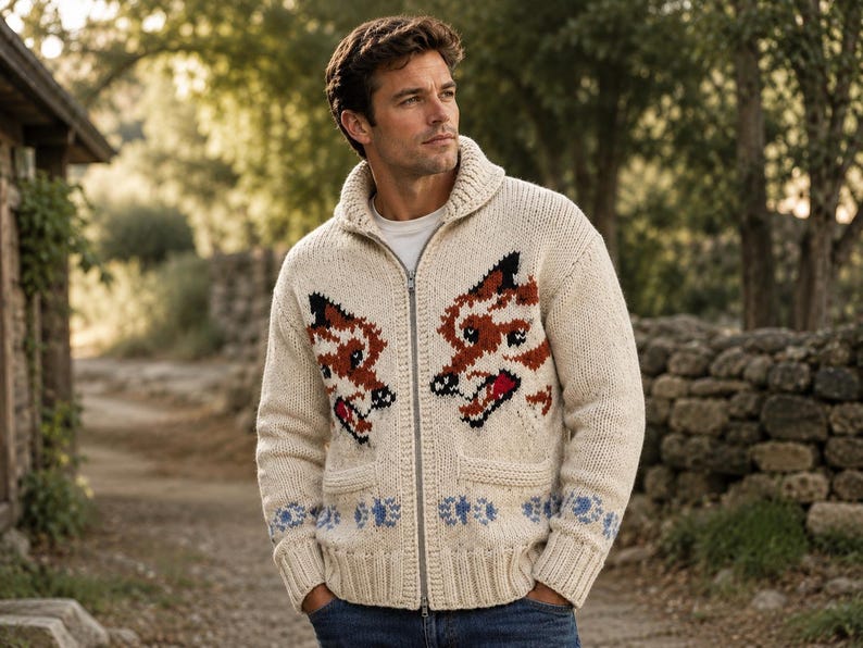 May include: A cream-colored, chunky knit zip-up cardigan featuring a shawl collar and two front pockets. The sweater displays a repeating pattern of two fox faces in brown, black, and white, with a blue floral-style border along the bottom hem.