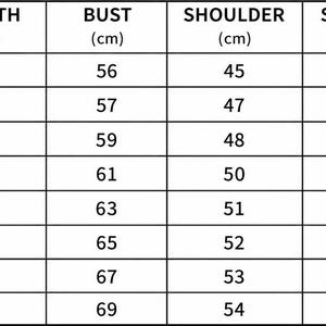 May include: A black and white sizing chart table with red text for size labels ranging from XS to XXXXL. The columns list measurements in centimeters for length, bust, shoulder, sleeve, and height, providing specific numerical data for each size.