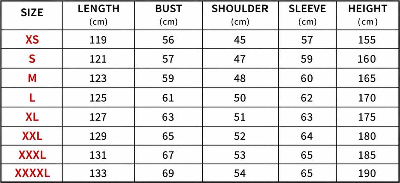 May include: A black and white sizing chart table with red text for size labels ranging from XS to XXXXL. The columns list measurements in centimeters for length, bust, shoulder, sleeve, and height, providing specific numerical data for each size.