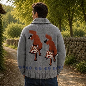 May include: A grey knit cardigan featuring a shawl collar and a back design of two orange foxes with black accents. The lower portion of the garment displays a repeating pattern of small blue paw prints above a ribbed hemline and cuffs.