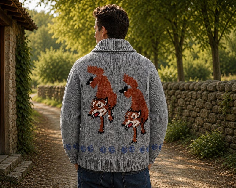 May include: A grey knit cardigan featuring a shawl collar and a back design of two orange foxes with black accents. The lower portion of the garment displays a repeating pattern of small blue paw prints above a ribbed hemline and cuffs.