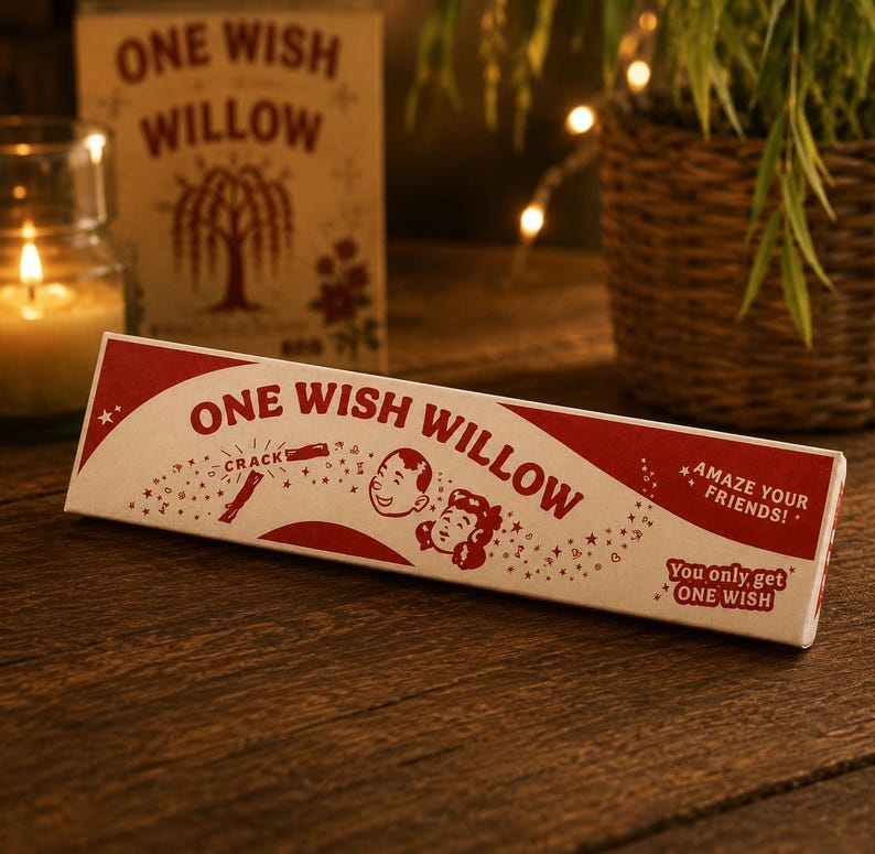 May include: A rectangular cardboard box labeled ONE WISH WILLOW in red text on a cream background. The box features illustrations of two faces, a cracking stick, and stars, with the text AMAZE YOUR FRIENDS and You only, get ONE WISH printed on it.