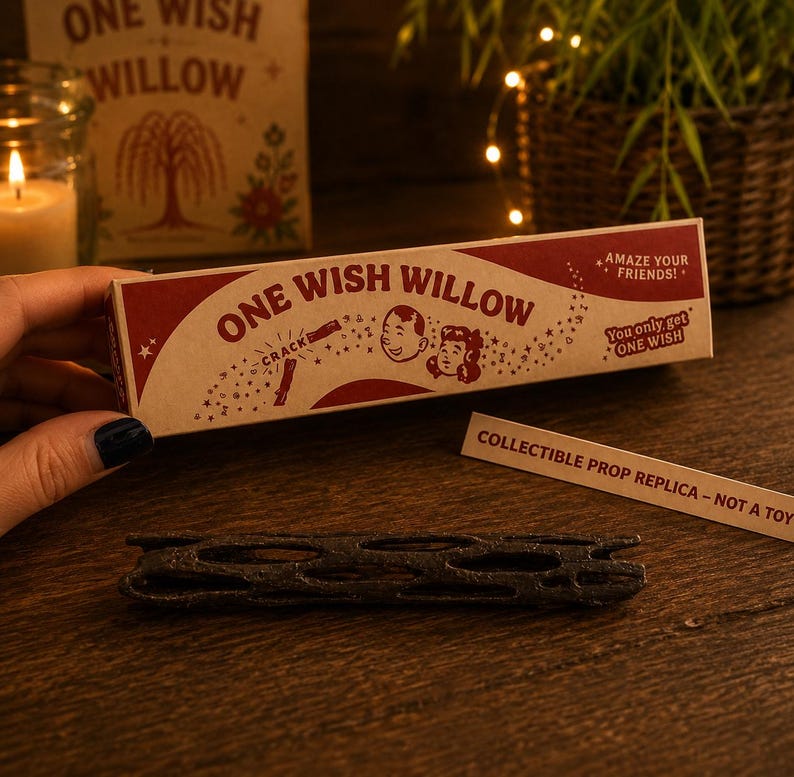 May include: A rectangular cardboard box labeled One Wish Willow with red and tan graphics, featuring illustrations of two faces and the text Amaze your friends and You only get one wish. A dark brown, porous, cylindrical stick lies below.